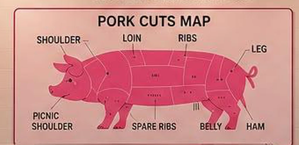 The pork cuts map displayed in store, labelling shoulder, loin, ribs, leg, belly, ham, spare ribs and picnic shoulder