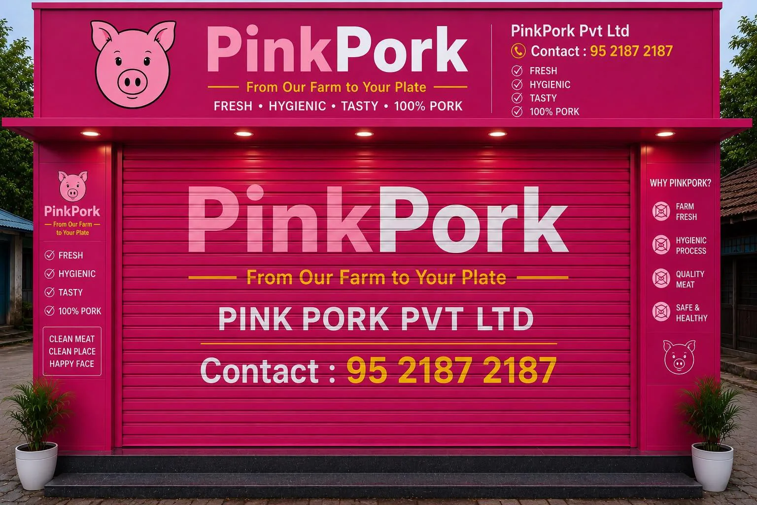 The PinkPork storefront in Tiruvuru, branded in pink with the tagline From Our Farm to Your Plate