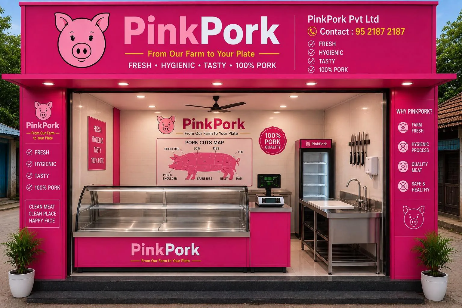 Inside the PinkPork store — stainless steel display counter, pork cuts map and clean tiled preparation area